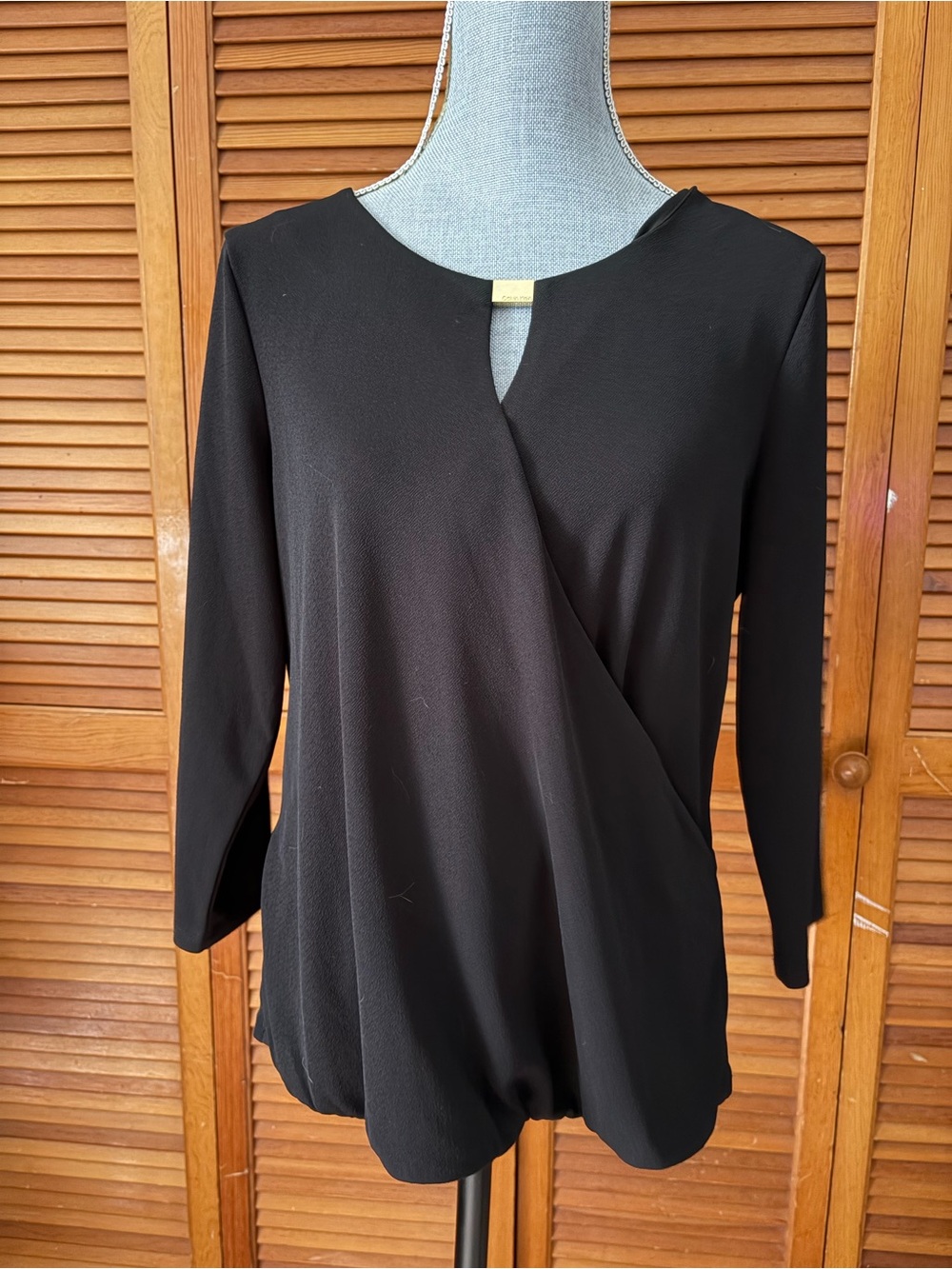NWT Calvin Klein Black Wrap-Front Gold Metal 3/4 Sleeve Top